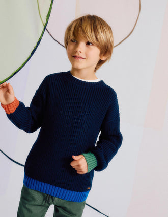 Camisola de Malha com Detalhes Coloridos para Menino, Azul Escuro