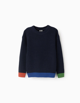 Camisola de Malha com Detalhes Coloridos para Menino, Azul Escuro