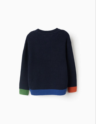 Camisola de Malha com Detalhes Coloridos para Menino, Azul Escuro
