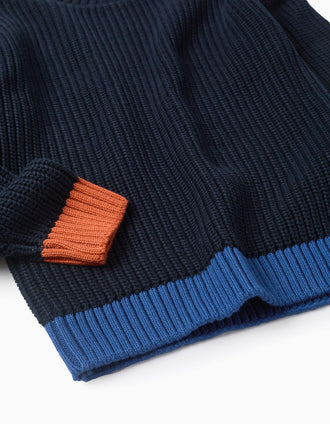 Camisola de Malha com Detalhes Coloridos para Menino, Azul Escuro