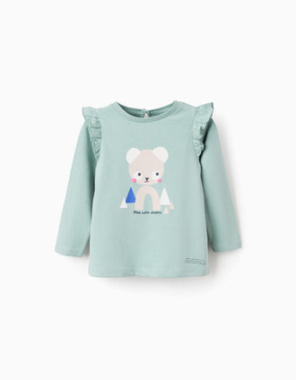 T-shirt de Manga Comprida com Folhos para Bebé Menina 'Formas', Verde