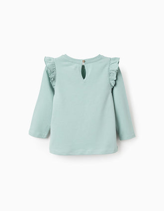 T-shirt de Manga Comprida com Folhos para Bebé Menina 'Formas', Verde
