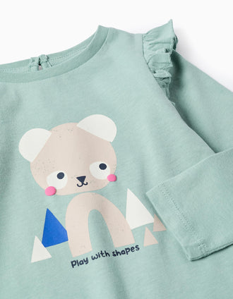 T-shirt de Manga Comprida com Folhos para Bebé Menina 'Formas', Verde