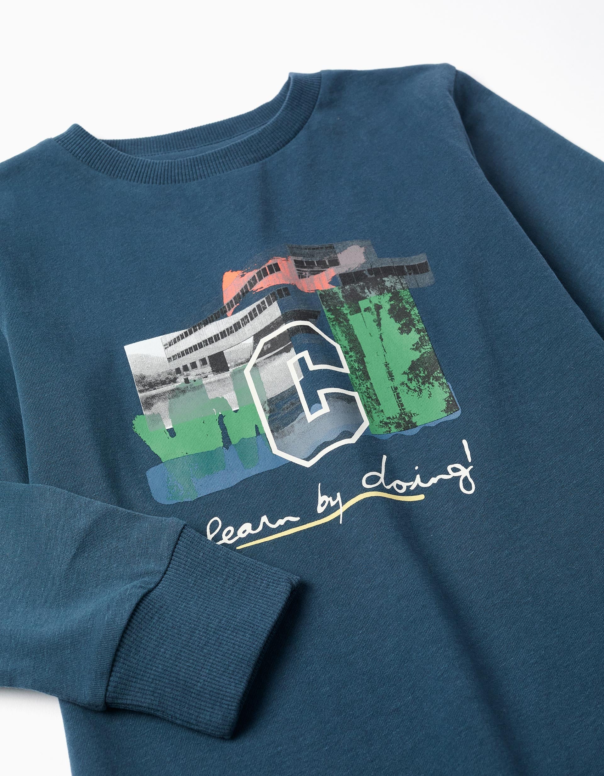 T-shirt de algodão com estampado 'C' para menino, azul-petróleo