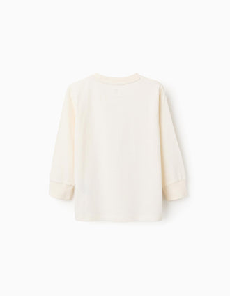 Long sleeve cotton T-shirt with print 'the collage' for boys, white