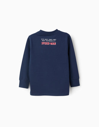 T-shirt de Manga Comprida em Algodão para Menino 'Spiderman', Azul