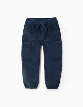 Calças de Bombazine Cargo para Menino 'Straight Fit', Azul Escuro