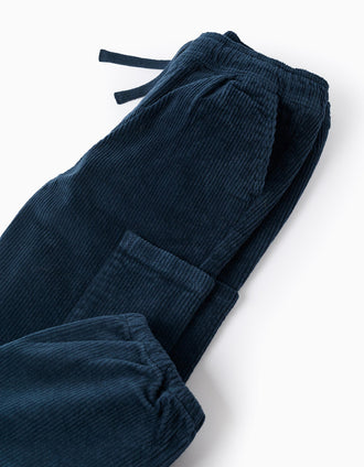Calças de Bombazine Cargo para Menino 'Straight Fit', Azul Escuro