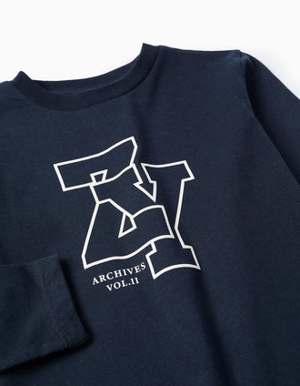 Long Sleeve Cotton T-Shirt for Boys 'ZY', Dark Blue