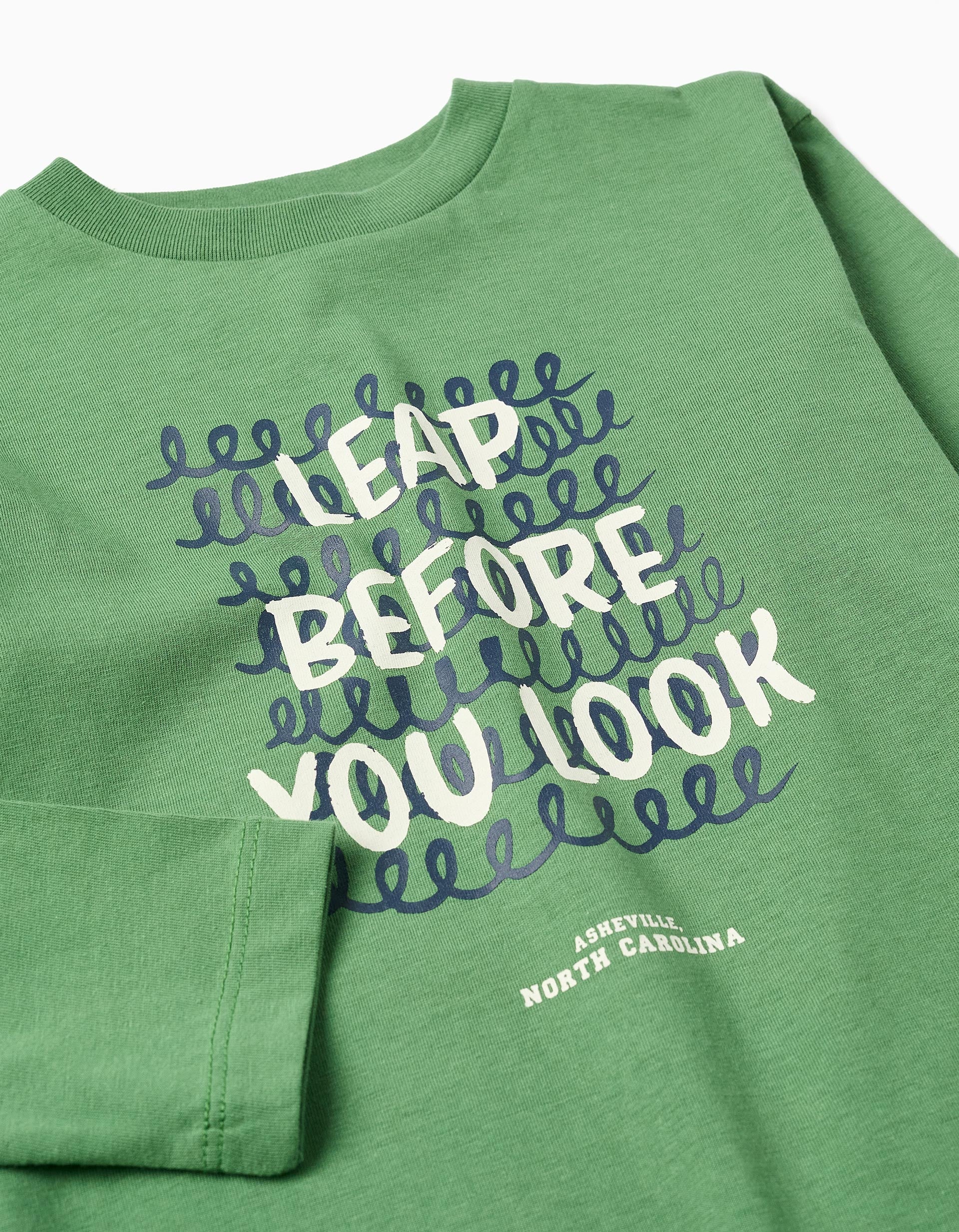 T-shirt de algodão com estampado frontal para menino, verde