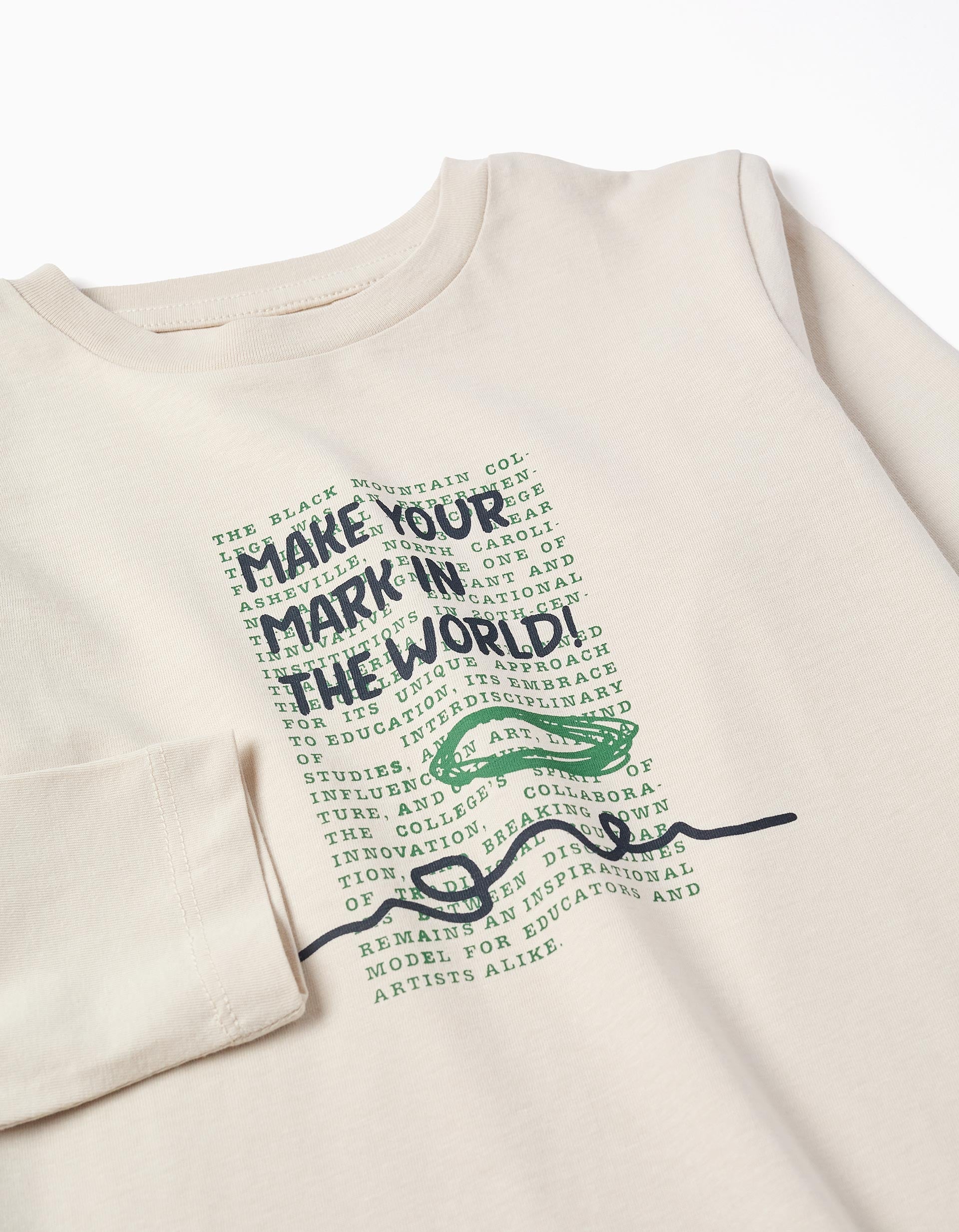 T-shirt de algodão com estampado 'make your mark' para menino, bege
