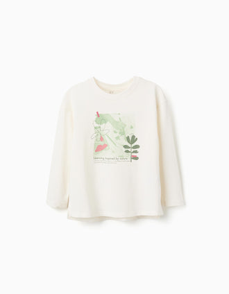 Camiseta de algodón con estampado 'Nature' para niña, blanco