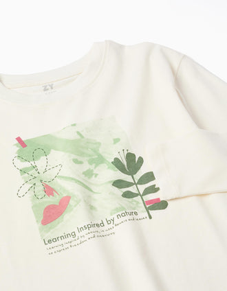 Camiseta de algodón con estampado 'Nature' para niña, blanco