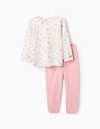 Pijama en Jersey de Algodón para Niña 'Camping', Blanco/Rosa