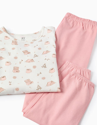 Pijama en Jersey de Algodón para Niña 'Camping', Blanco/Rosa