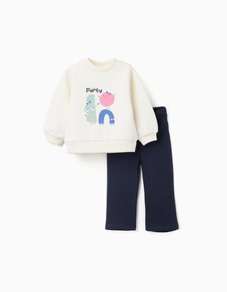 Conjunto Cardado de Sweat + Leggings para Bebé Menina, Branco/Azul-Escuro