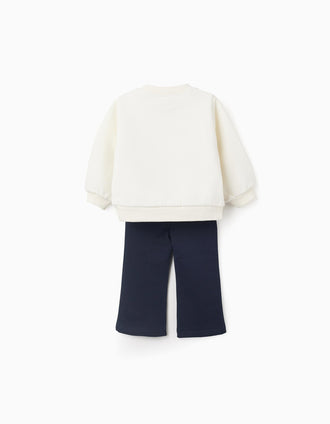 Conjunto Cardado de Sweat + Leggings para Bebé Menina, Branco/Azul-Escuro