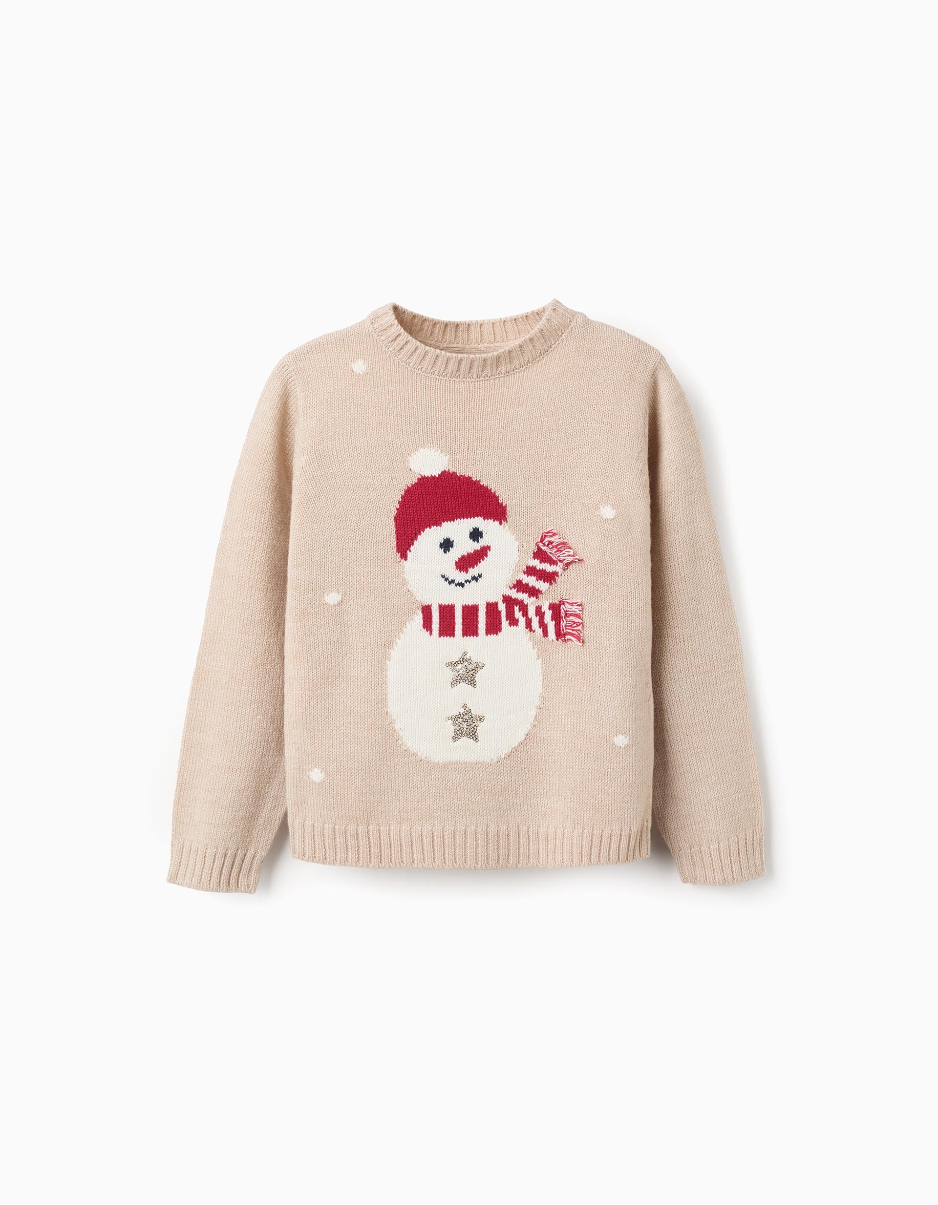 Jacquard Knitted Jumper for Girls 'Snowman', Beige