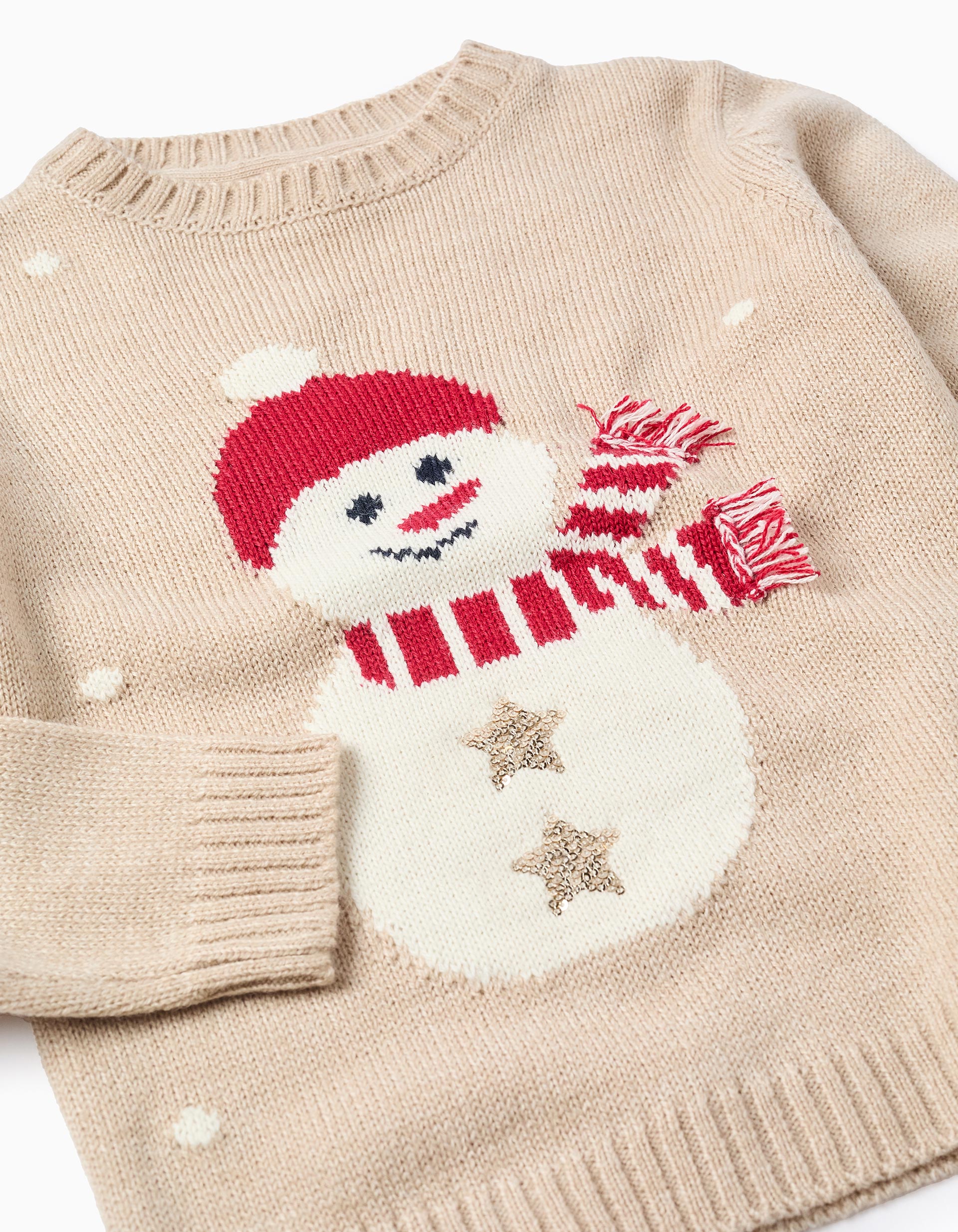 Jacquard Knitted Jumper for Girls 'Snowman', Beige