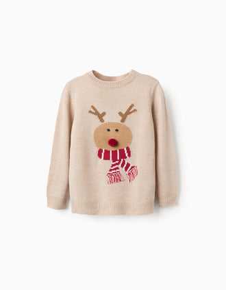 Camisola de Malha com Jacquard de Rena e Pompom para Menino, Bege