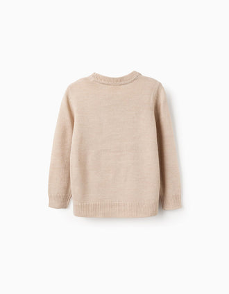 Camisola de Malha com Jacquard de Rena e Pompom para Menino, Bege