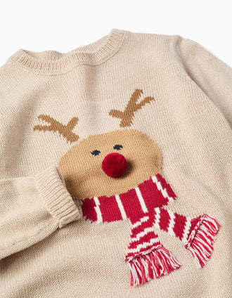 Camisola de Malha com Jacquard de Rena e Pompom para Menino, Bege