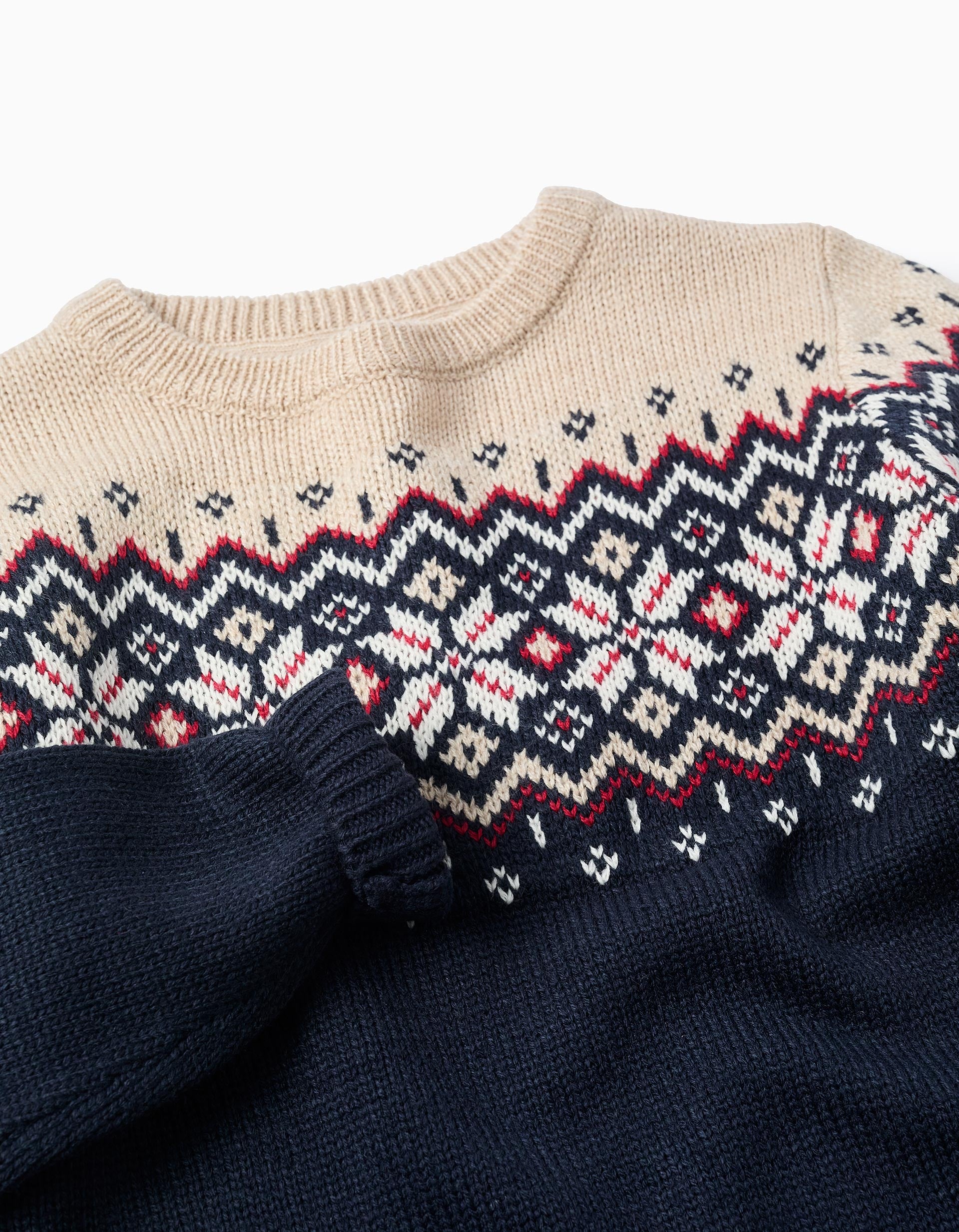 Christmas Jacquard Knitted Jumper for Boys, Blue/Beige