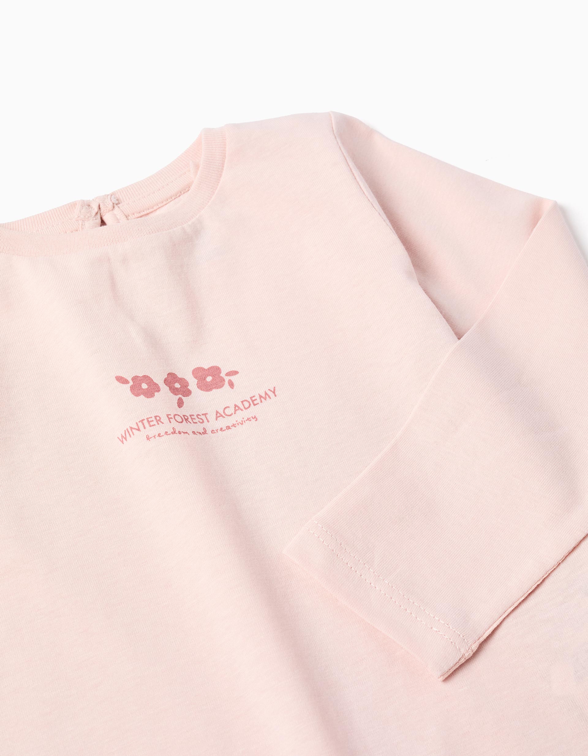 Long sleeve cotton T-shirt with front print for baby girls, light pink