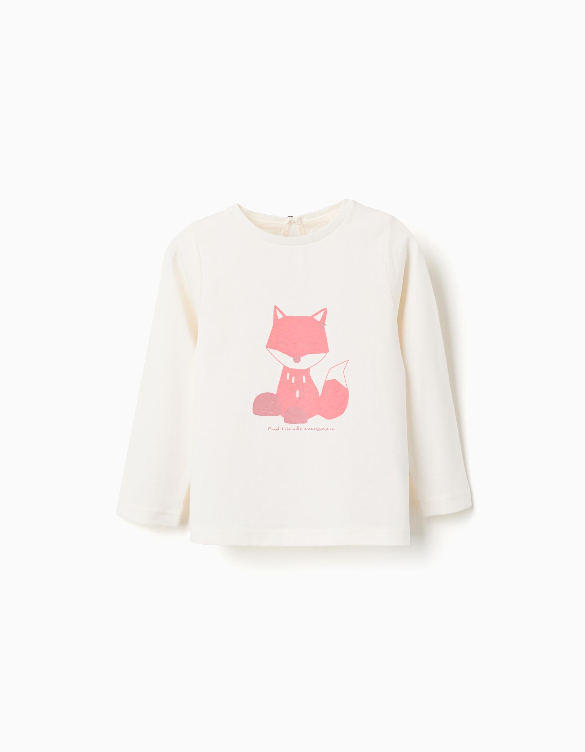 Long sleeve cotton T-shirt with fox print for baby girls, white