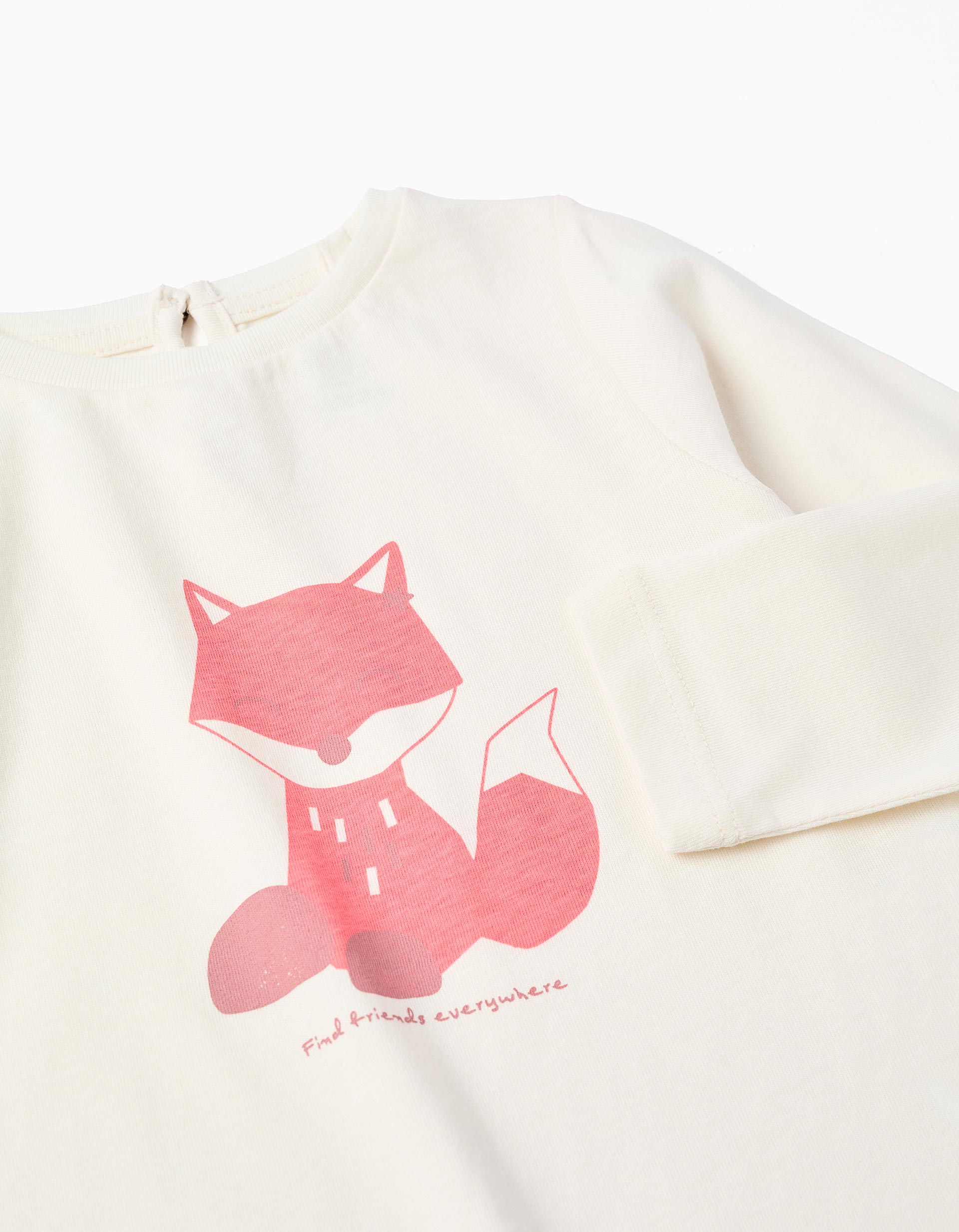Long sleeve cotton T-shirt with fox print for baby girls, white