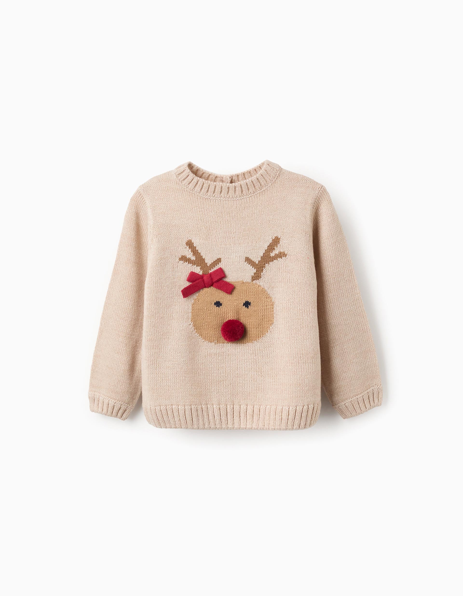 Jacquard Knitted Jumper for Baby Girls 'Reindeer', Beige
