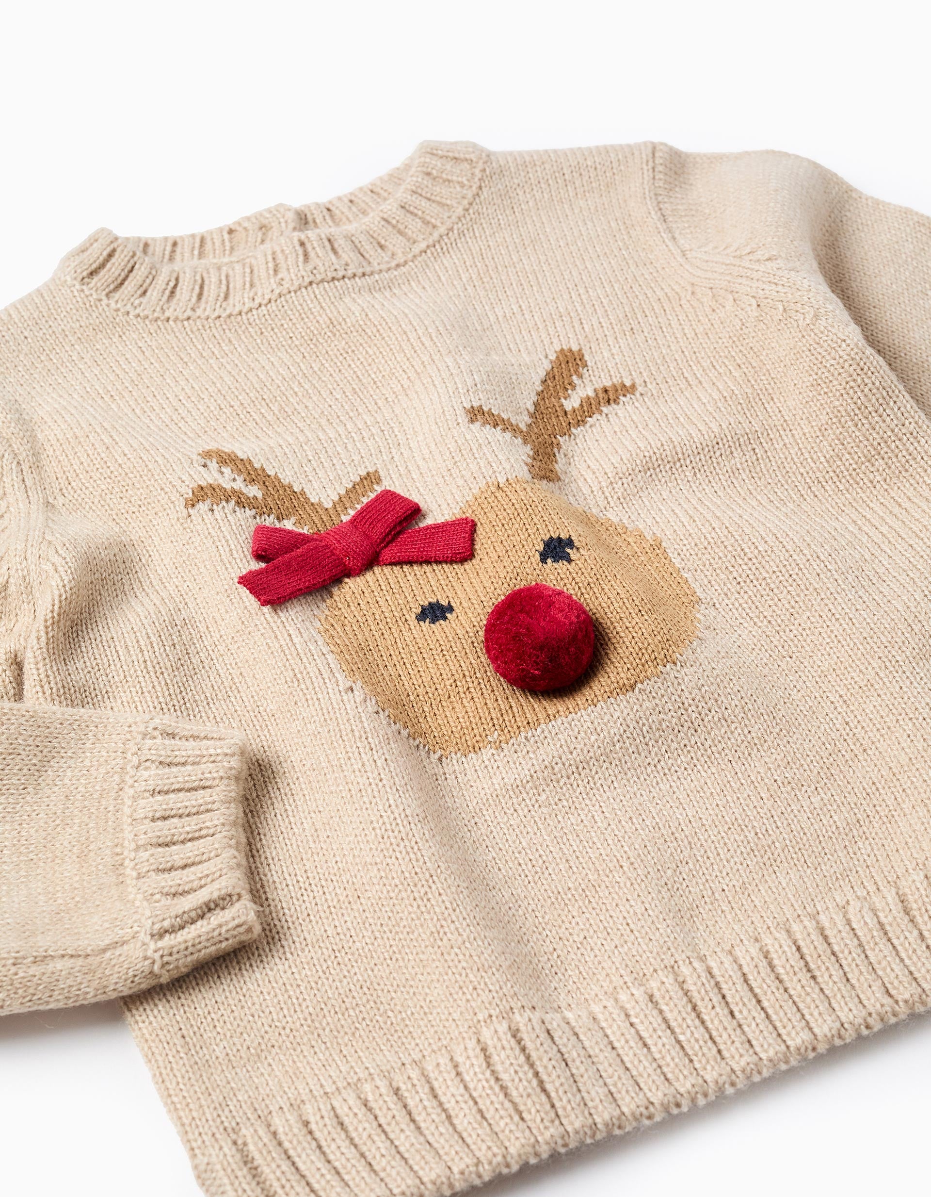 Jacquard Knitted Jumper for Baby Girls 'Reindeer', Beige