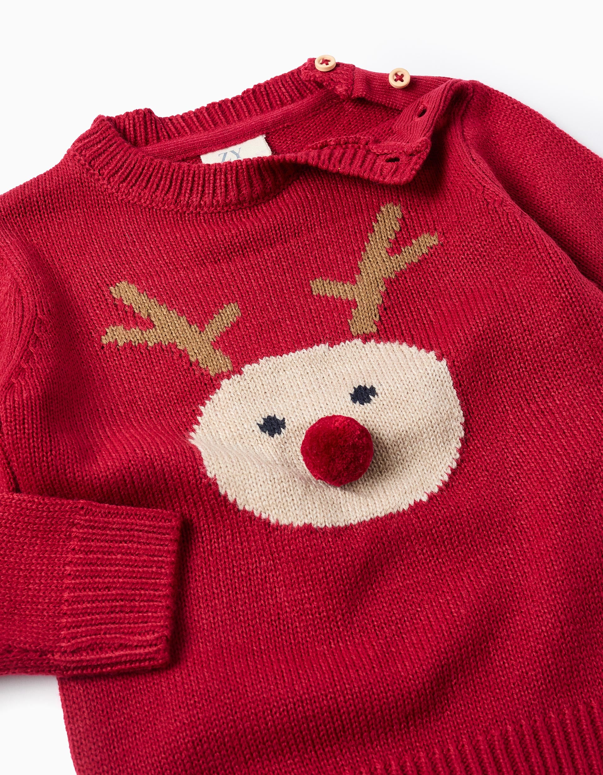 Knitted jumper with jacquard reindeer for baby boys, red