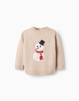 Knitted jumper with jacquard snowman for baby boys, beige