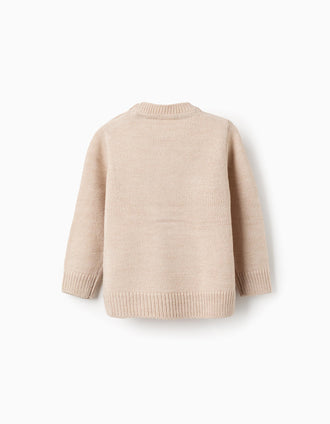 Knitted jumper with jacquard snowman for baby boys, beige