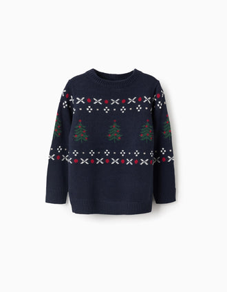 Camisola de Malha com Jacquard de Pinheiro de Natal para Menino, Azul