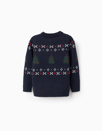 Camisola de Malha com Jacquard de Pinheiro de Natal para Menino, Azul