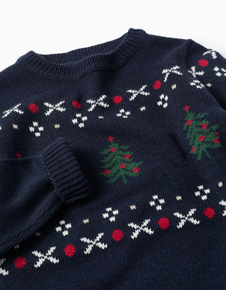 Camisola de Malha com Jacquard de Pinheiro de Natal para Menino, Azul