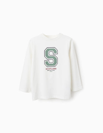 T-shirt de Manga Comprida em Algodão para Menino 'Scotland', Branco