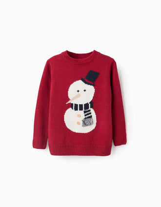 Camisola de Malha com Jacquard de Boneco de Neve para Menino, Vermelho
