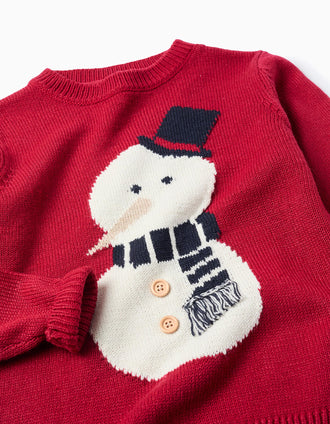 Camisola de Malha com Jacquard de Boneco de Neve para Menino, Vermelho