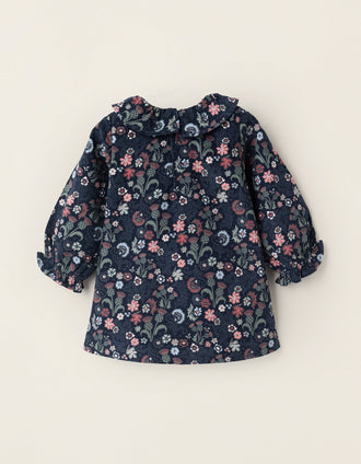 Corduroy Floral Dress for Newborn Girls, Dark Blue