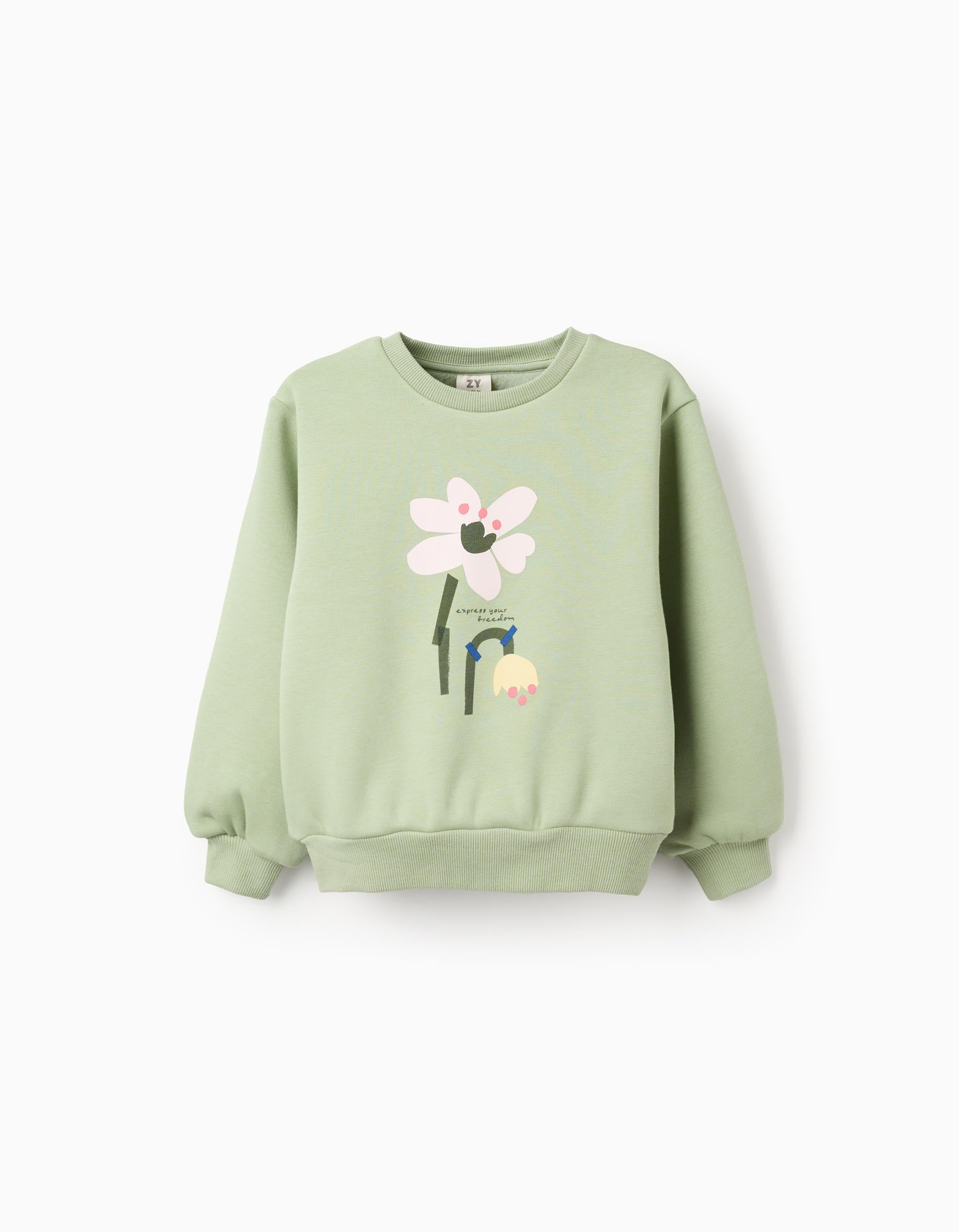 Sweat en coton peigné à imprimé de fleurs pour fille, vert clair