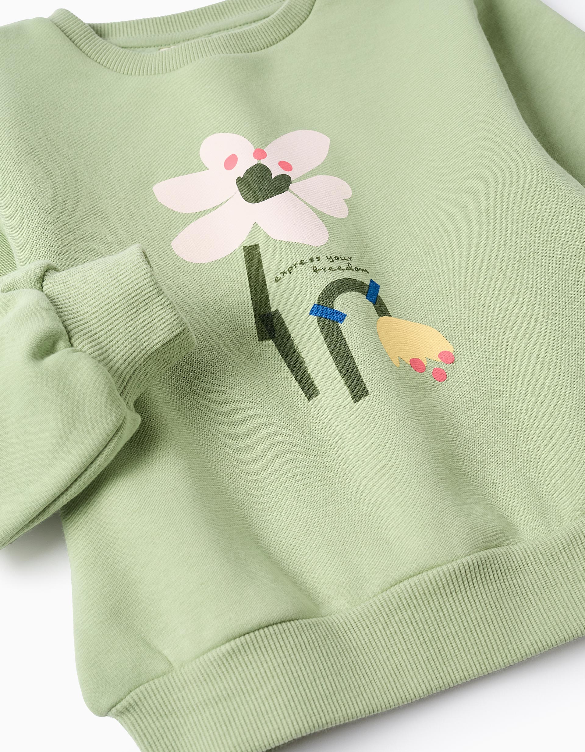 Sweat en coton peigné à imprimé de fleurs pour fille, vert clair