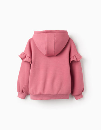 Sudadera perchada con capucha y volantes para niña, rosa