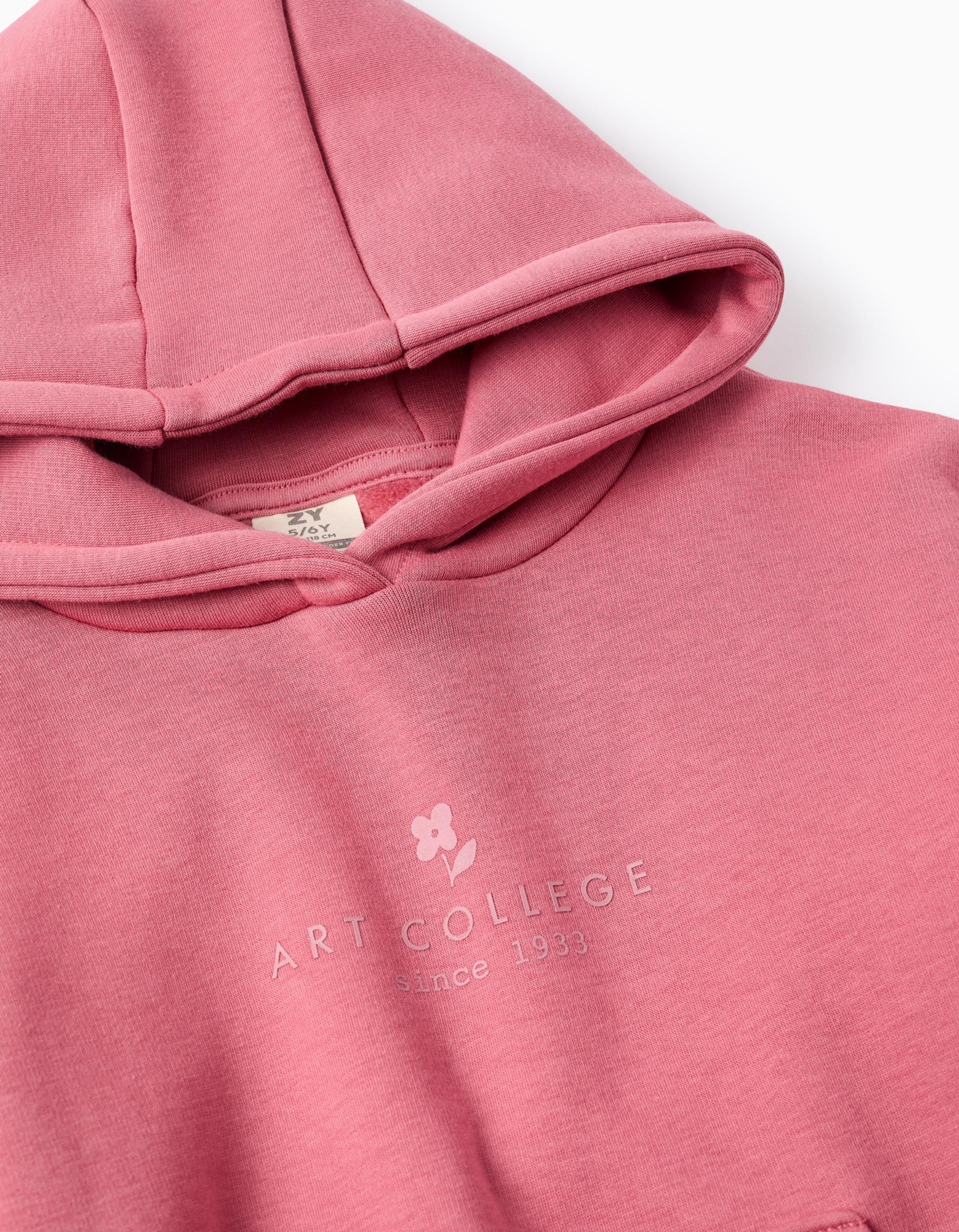 Sweat en coton peigné à capuche et volants pour fille, rose