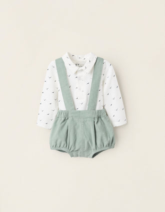 Body + Macacão com Alças Amovíveis para Recém-Nascido, Branco/Verde