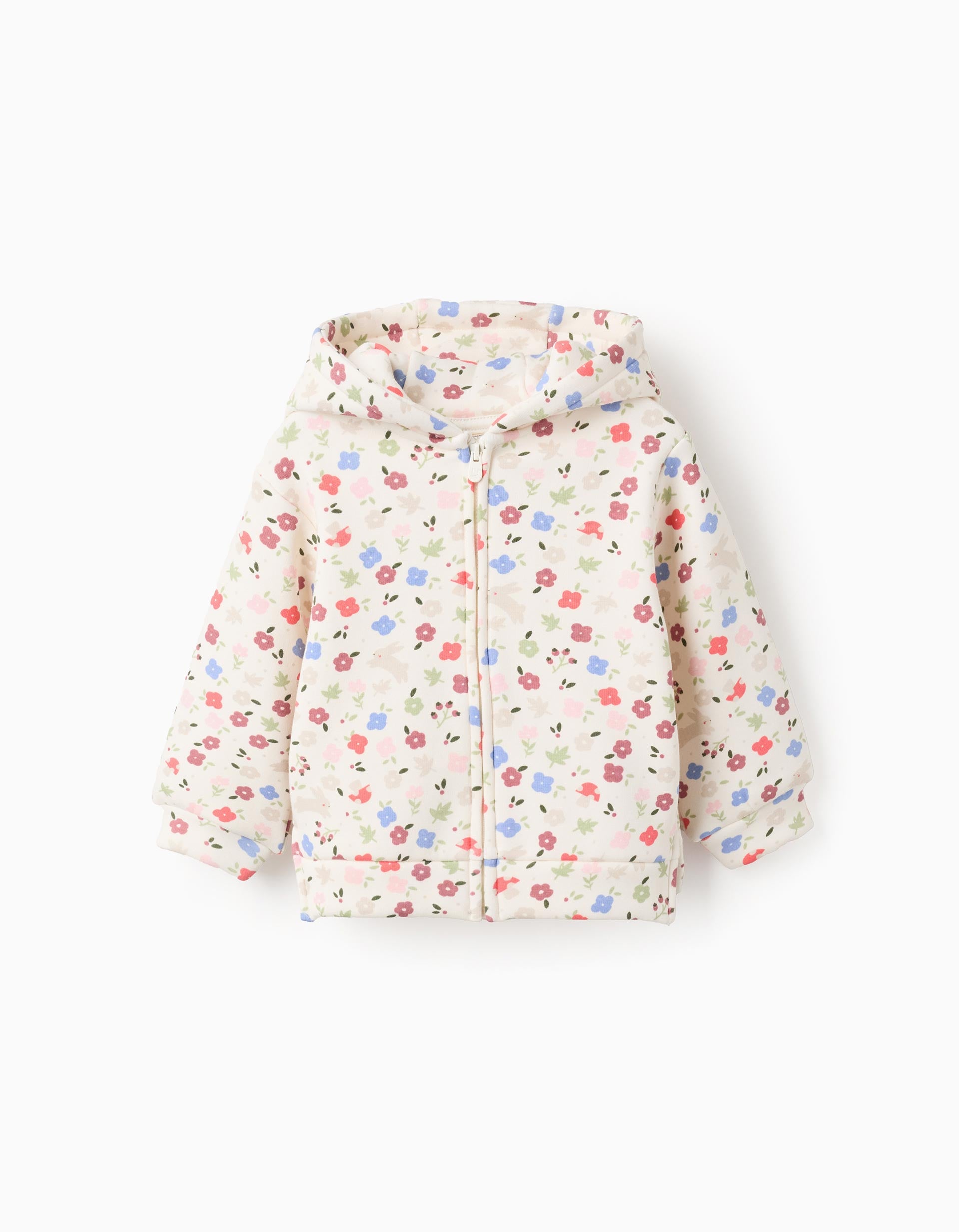 Brushed hooded jacket with floral motif for baby girls, white