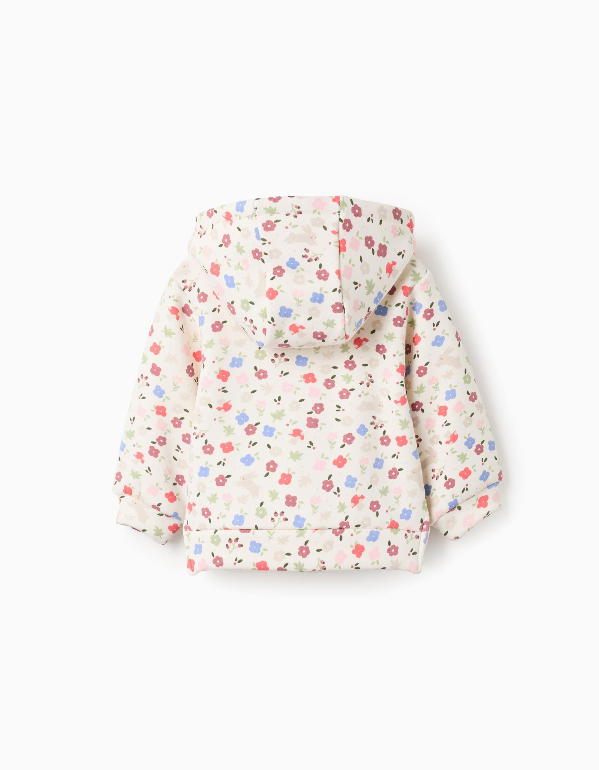 Brushed hooded jacket with floral motif for baby girls, white