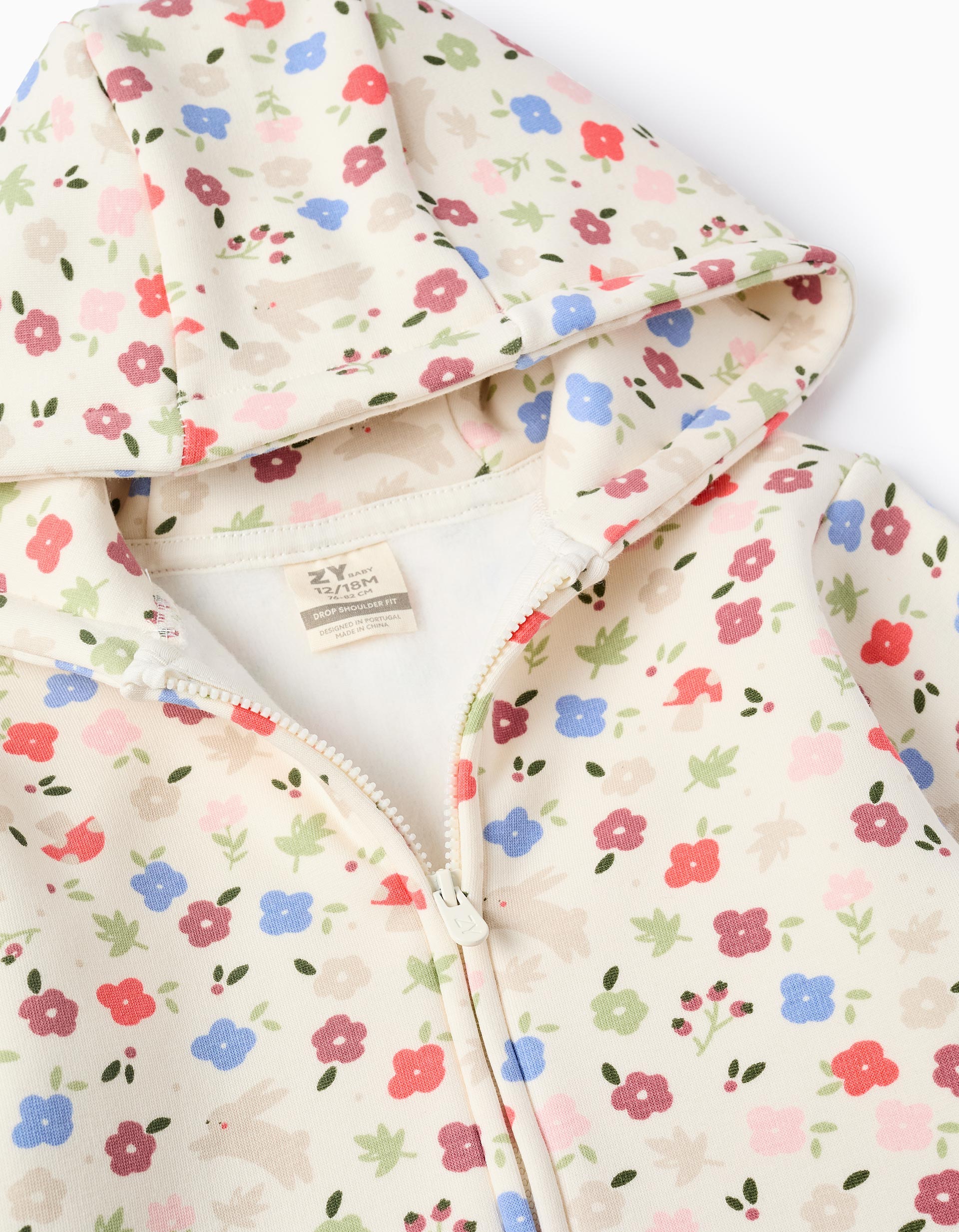 Brushed hooded jacket with floral motif for baby girls, white